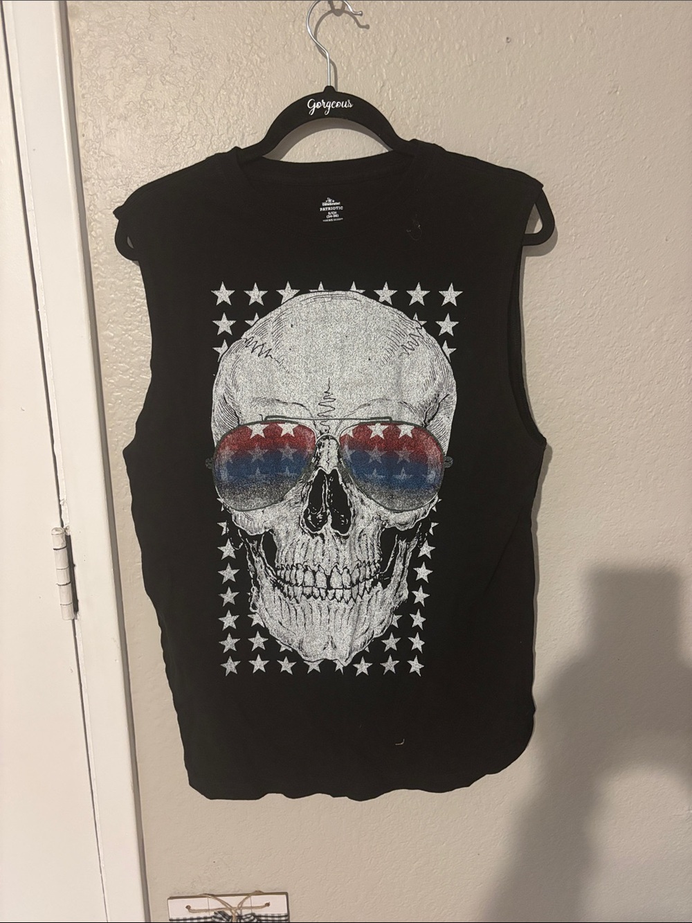 Sleeveless Black Skull Graphic Tee with Red & Blue Accent